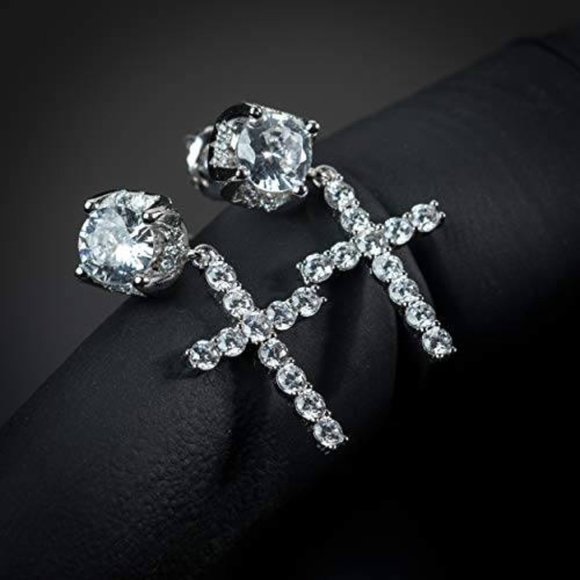 Mens Cross Drop Hanging Sterling Silver Cz Iced Stud Dangle Hoop Earrings - Picture 1 of 7